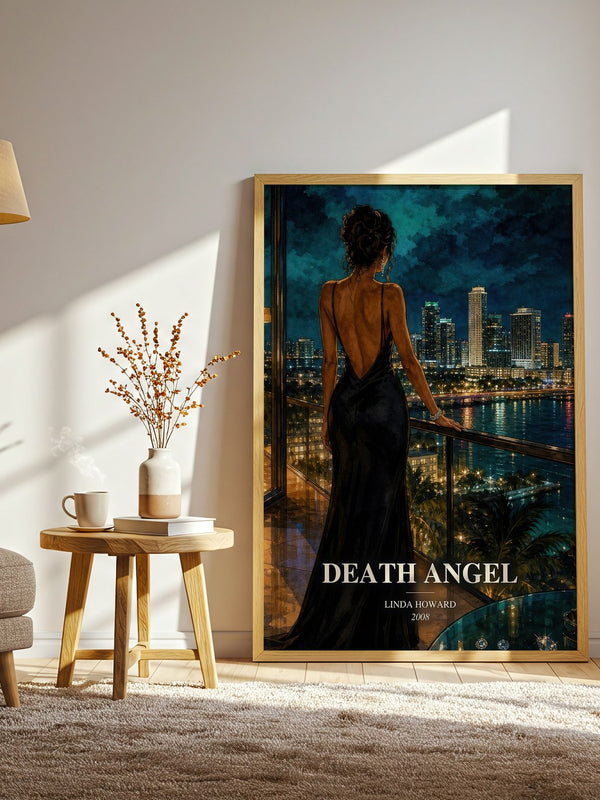 Death Angel watercolour print in frame leaning in hallway – thriller wall art