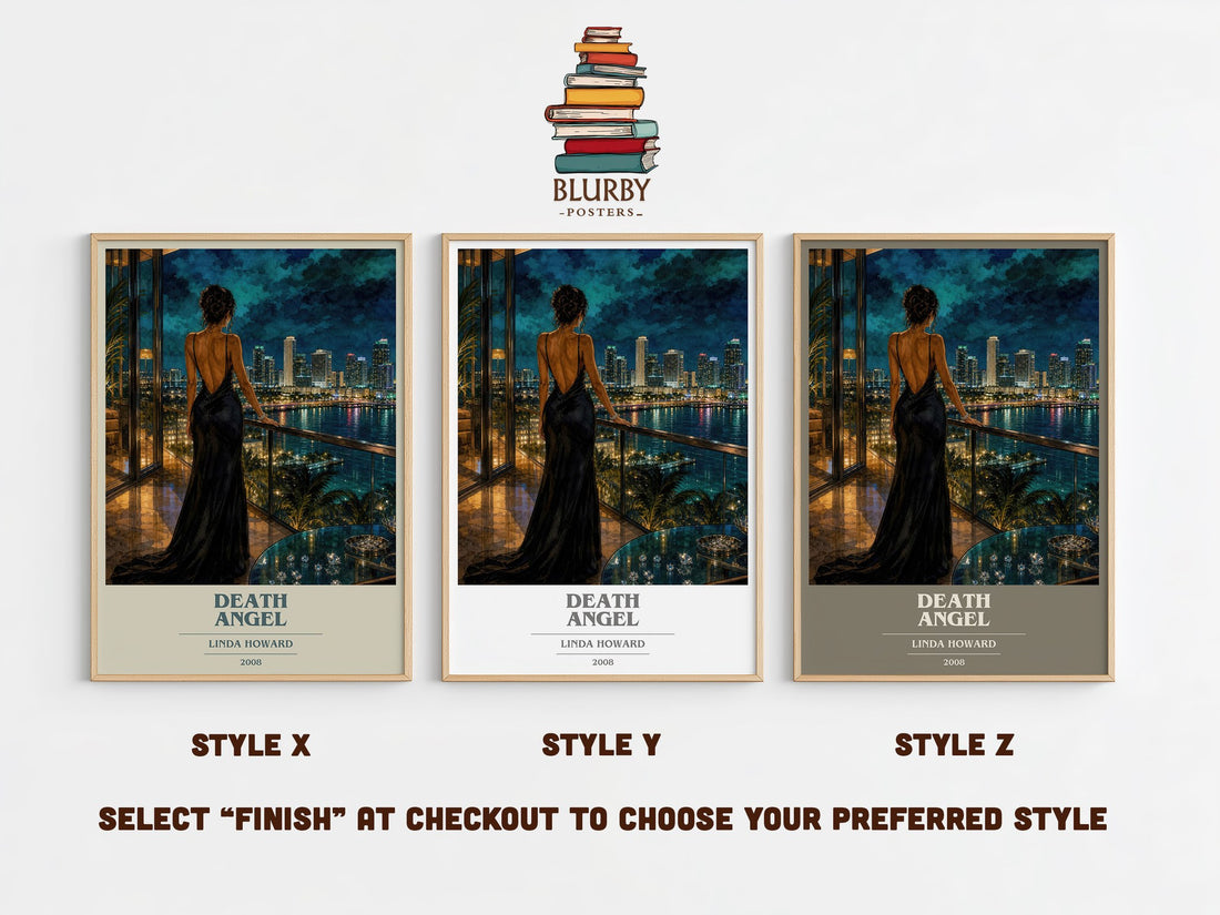 Death Angel book cover print in frame leaning in hallway – thriller wall art (mockup)