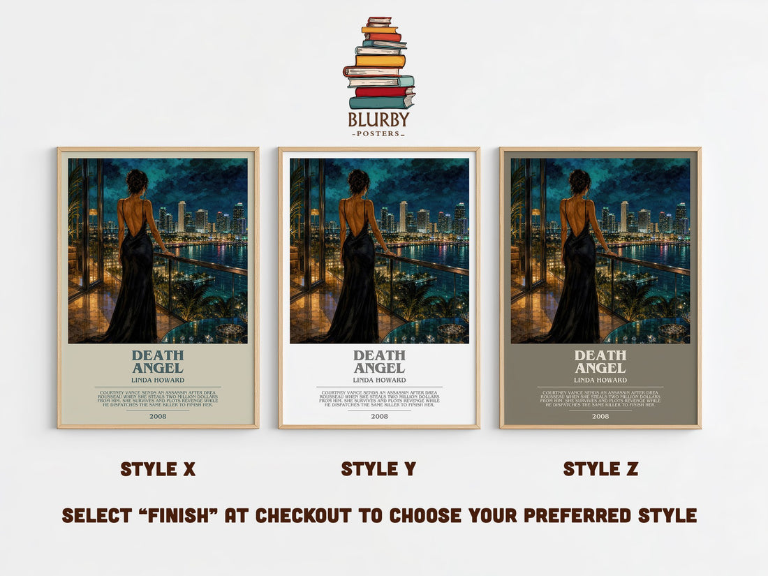 Death Angel bookish print in frame leaning in hallway – thriller wall art (mockup)