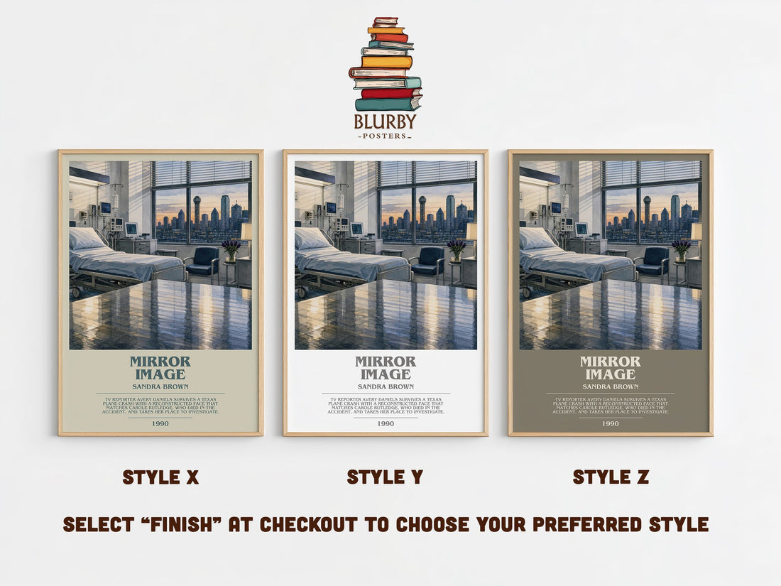 Mirror Image bookish print in frame leaning in hallway – thriller wall art (mockup)