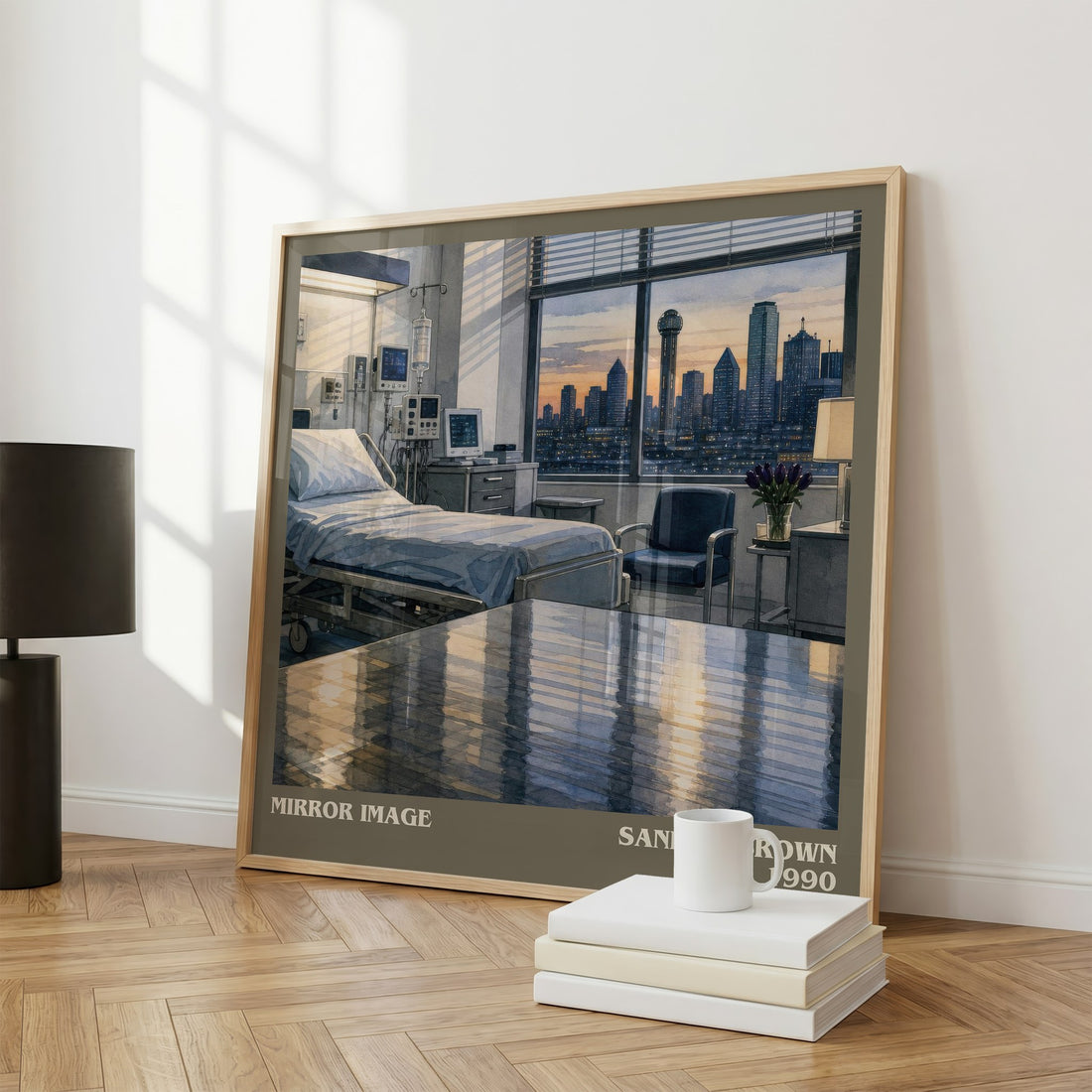 Mirror Image Literary Art Print by Sandra Brown – large square framed print leaning against a wall