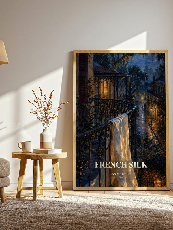 French Silk watercolour print in frame leaning in hallway – legal thriller wall art