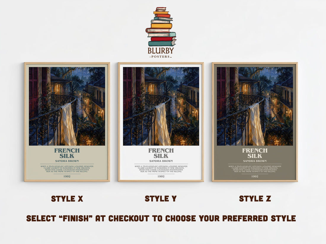 French Silk bookish print in frame leaning in hallway – legal thriller wall art (mockup)