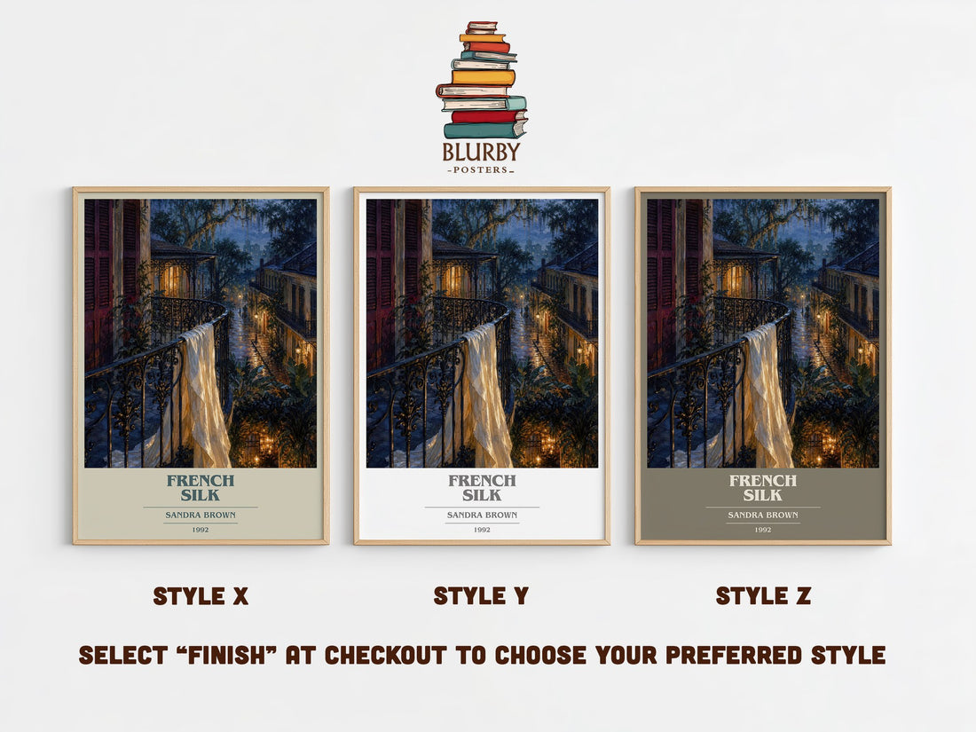 French Silk book cover print in frame leaning in hallway – legal thriller wall art (mockup)