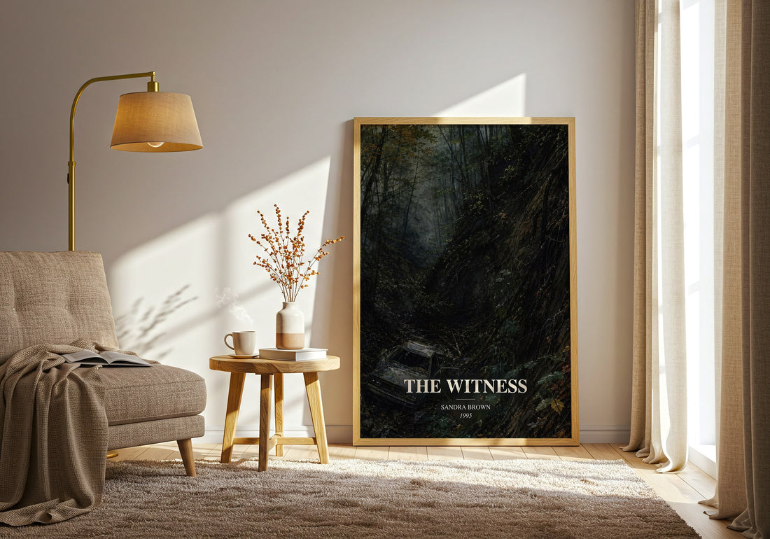 The Witness watercolour print in frame leaning in hallway – legal thriller wall art (mockup)