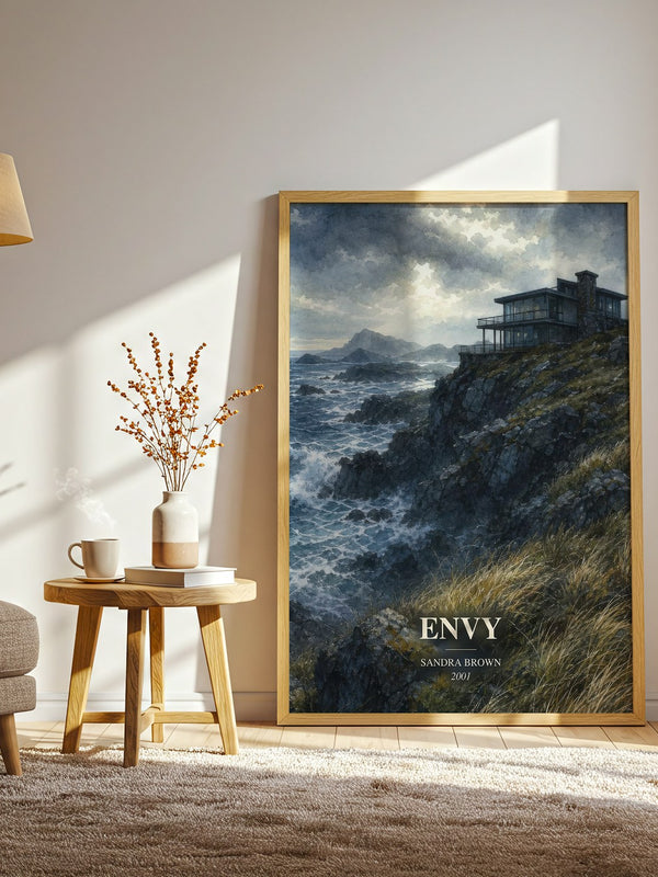 Envy watercolour print in frame leaning in hallway – thriller wall art