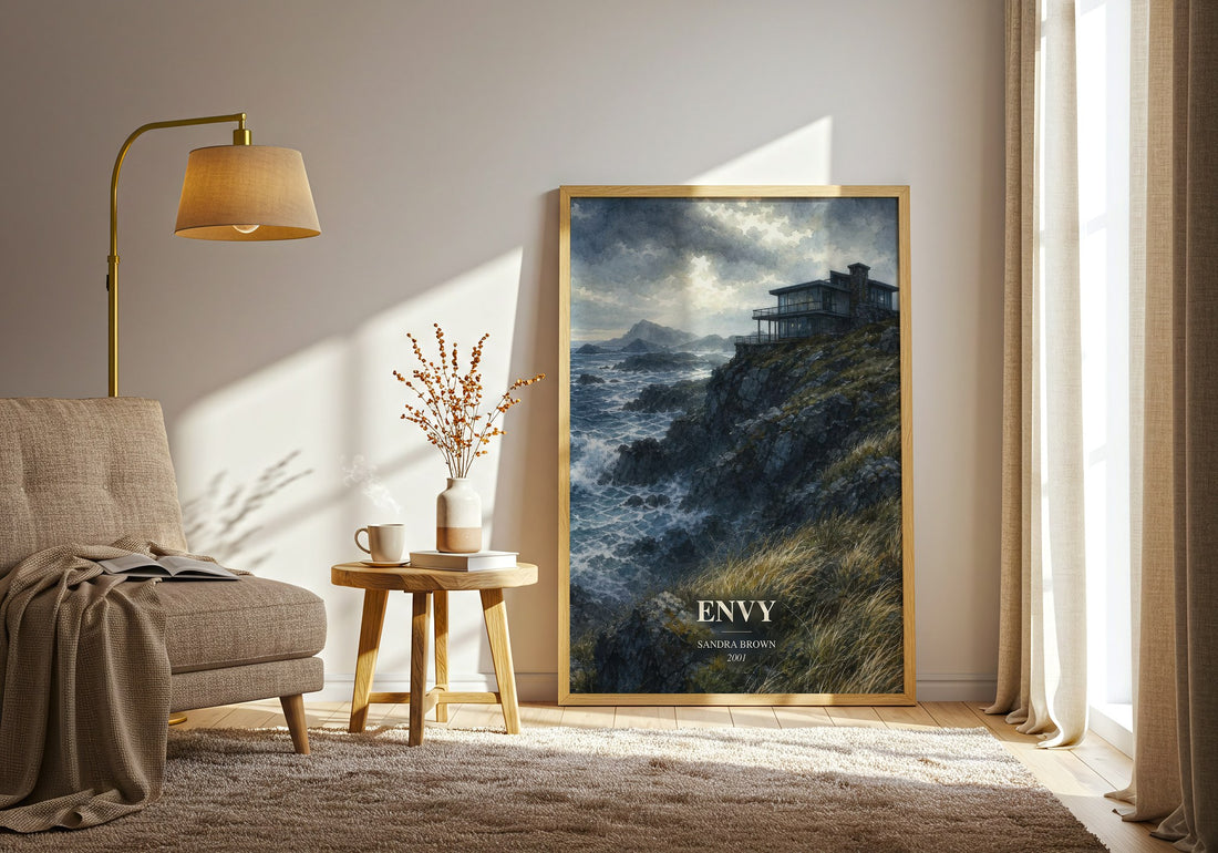 Envy watercolour print in frame leaning in hallway – thriller wall art (mockup)