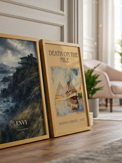 Envy watercolour print framed by window – literary home decor
