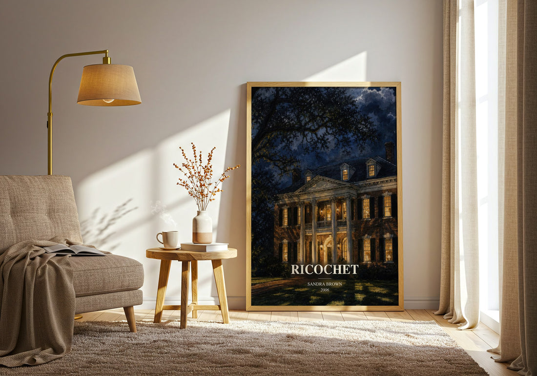 Ricochet watercolour print in frame leaning in hallway – legal thriller wall art (mockup)