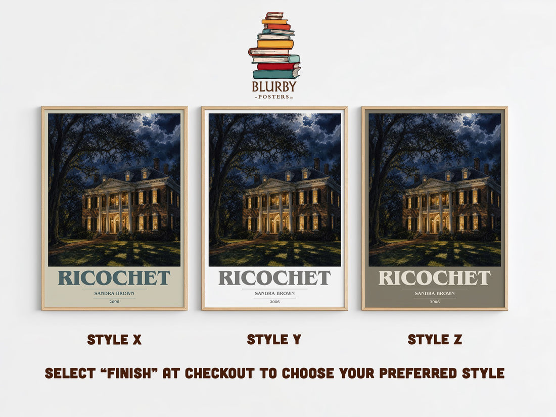Ricochet book cover print in frame leaning in hallway – legal thriller wall art (mockup)