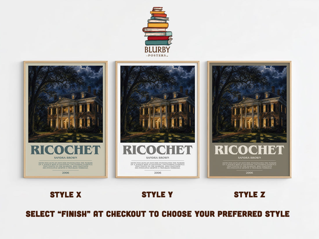 Ricochet bookish print in frame leaning in hallway – legal thriller wall art (mockup)