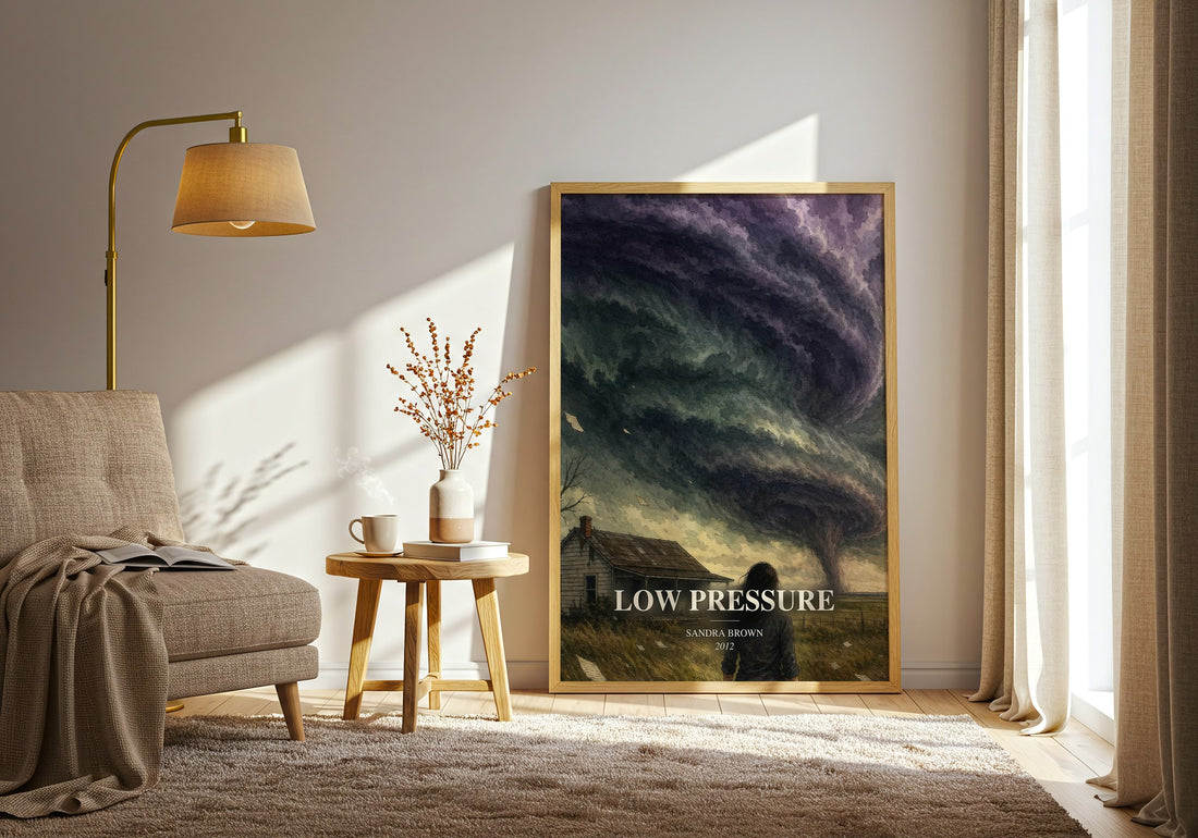 Low Pressure watercolour print in frame leaning in hallway – thriller wall art (mockup)