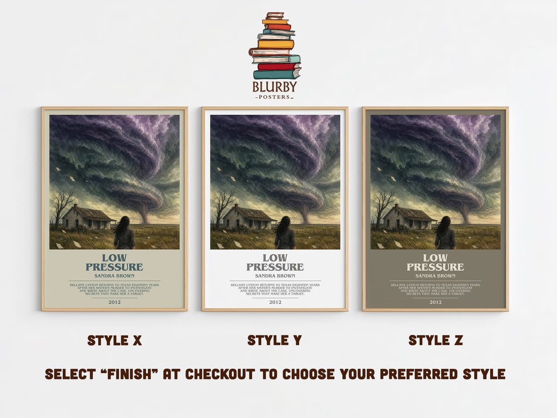Low Pressure bookish print in frame leaning in hallway – thriller wall art (mockup)