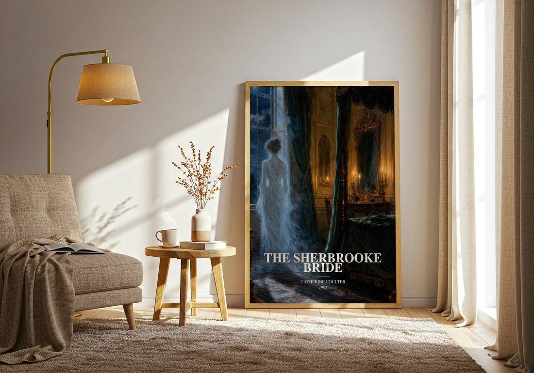 The Sherbrooke Bride watercolour print in frame leaning in hallway – romance wall art (mockup)