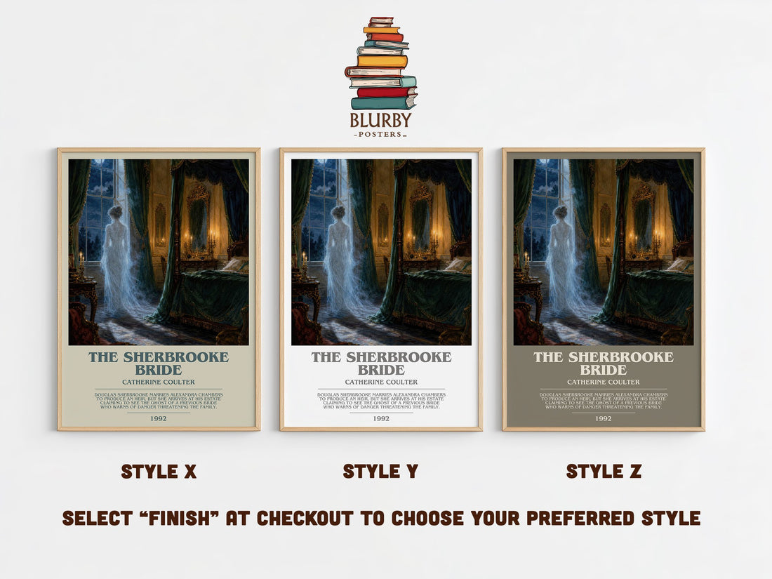 The Sherbrooke Bride bookish print in frame leaning in hallway – romance wall art (mockup)