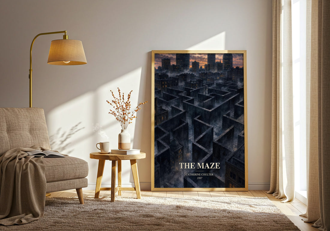The Maze watercolour print in frame leaning in hallway – thriller wall art (mockup)