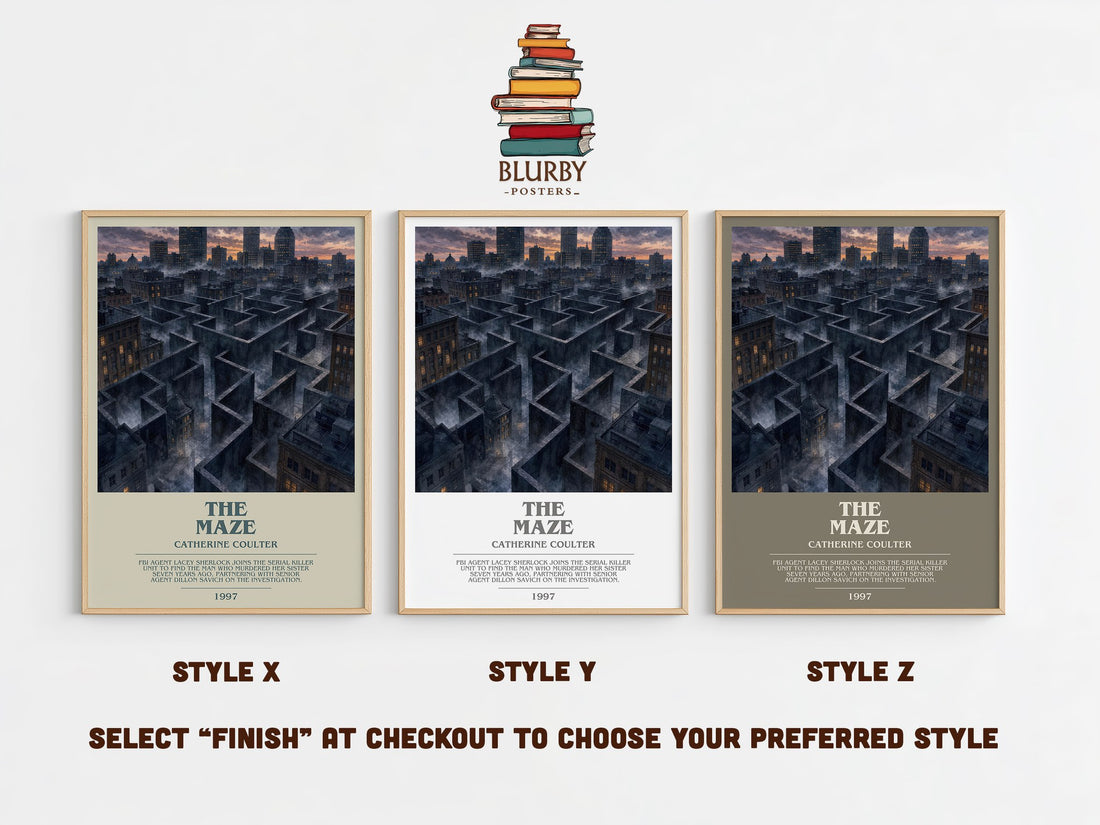 The Maze bookish print in frame leaning in hallway – thriller wall art (mockup)