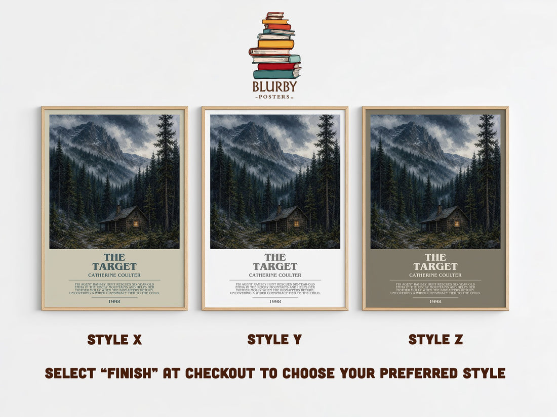 The Target bookish print in frame leaning in hallway – thriller wall art (mockup)