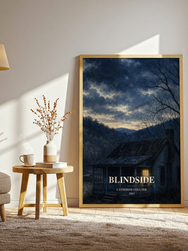 Blindside watercolour print in frame leaning in hallway – thriller wall art