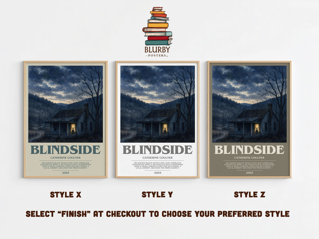 Blindside bookish print in frame leaning in hallway – thriller wall art (mockup)