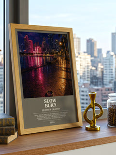 Slow Burn bookish print framed by window – literary home decor