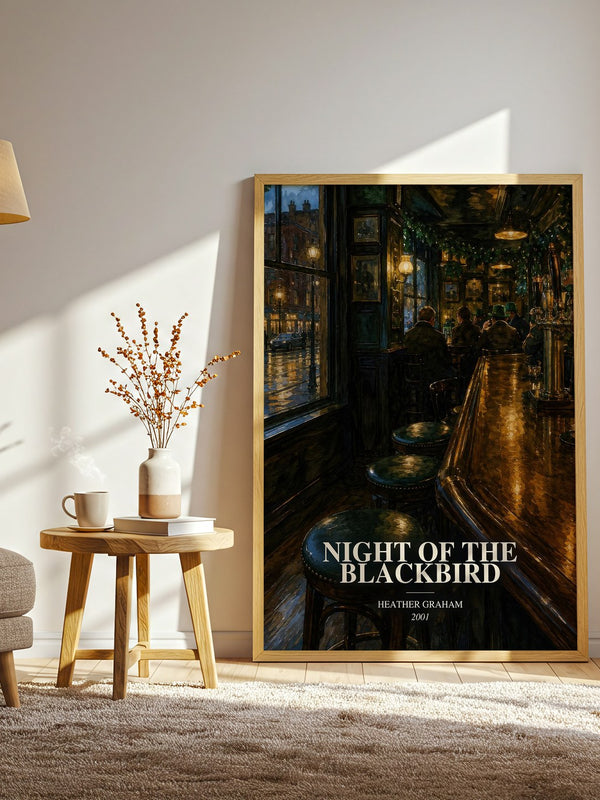 Night of the Blackbird watercolour print in frame leaning in hallway – thriller wall art