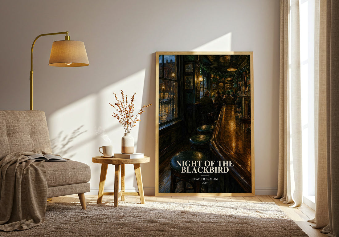 Night of the Blackbird watercolour print in frame leaning in hallway – thriller wall art (mockup)