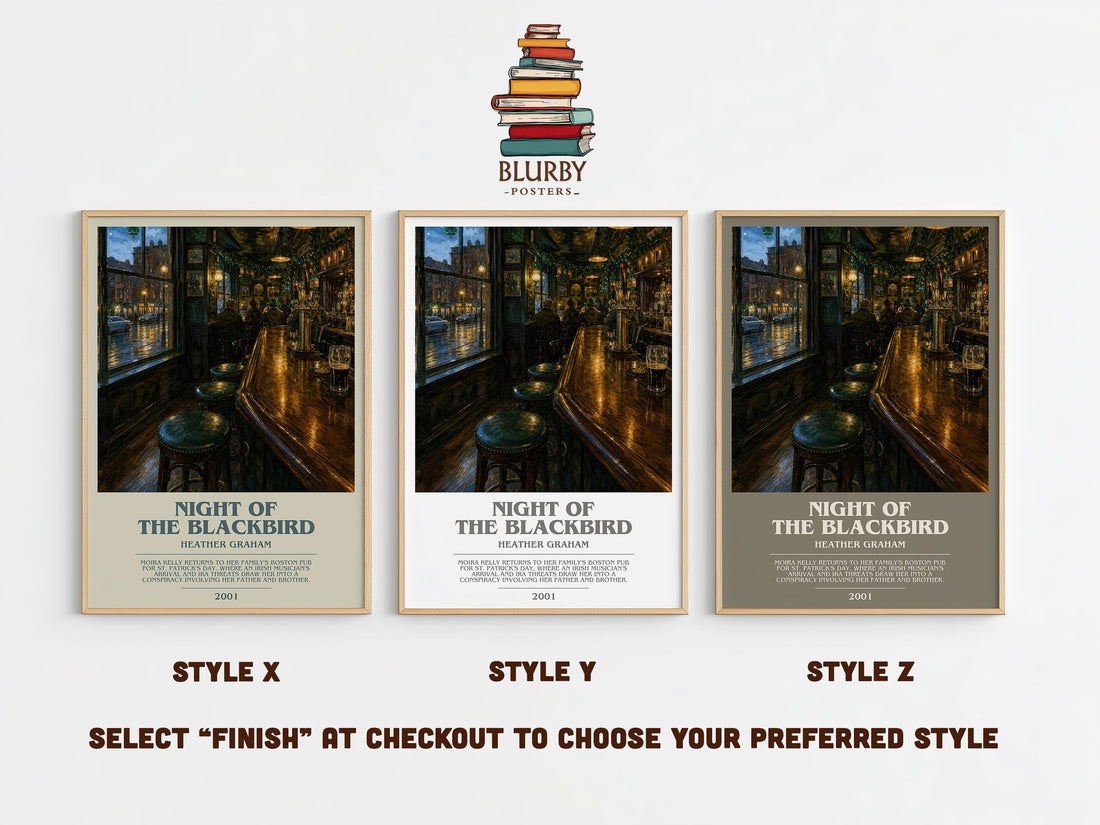 Night of the Blackbird bookish print in frame leaning in hallway – thriller wall art (mockup)