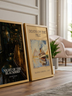 Night of the Blackbird watercolour print framed by window – literary home decor