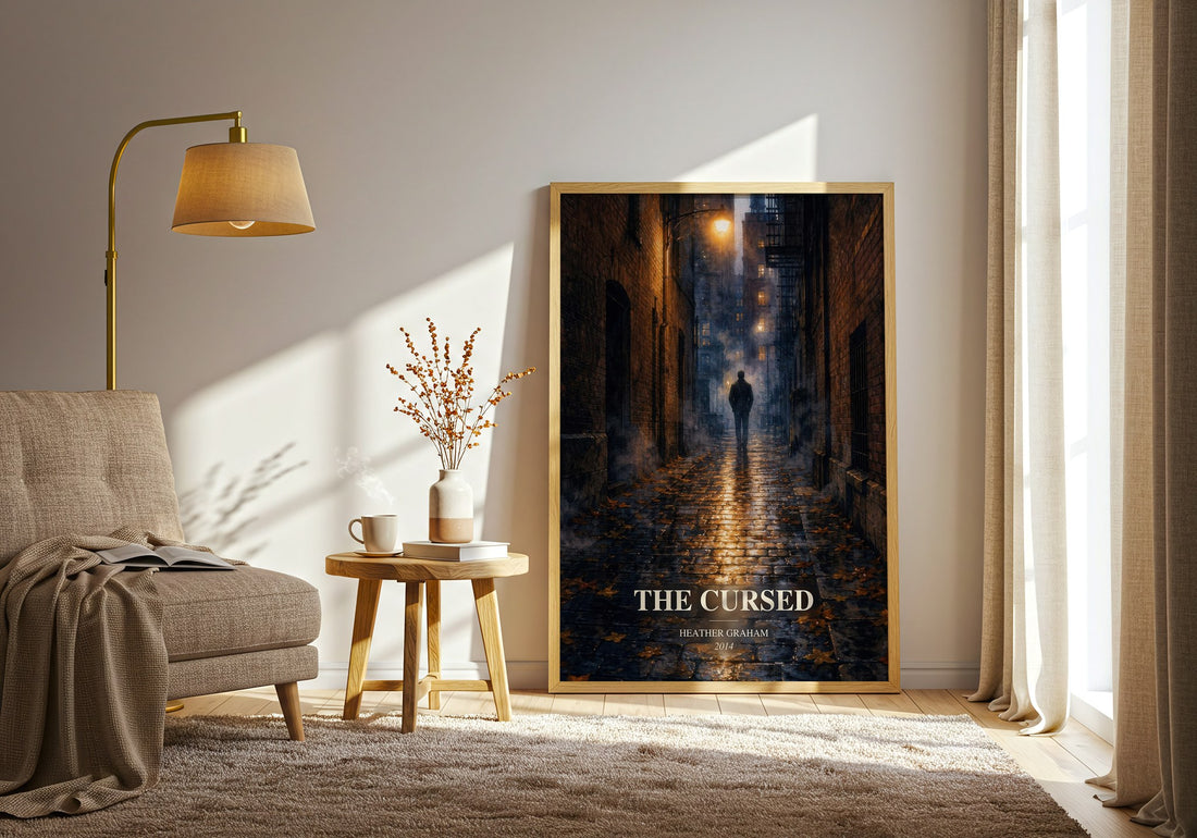 The Cursed watercolour print in frame leaning in hallway – thriller wall art (mockup)