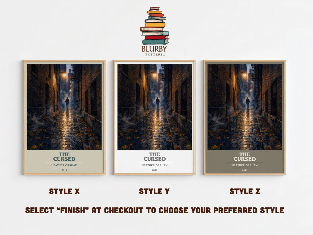 The Cursed book cover print in frame leaning in hallway – thriller wall art (mockup)