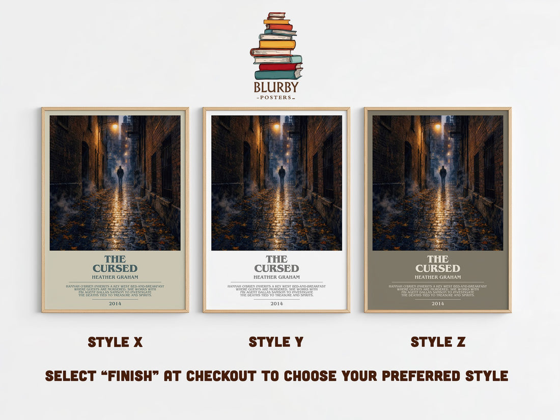 The Cursed bookish print in frame leaning in hallway – thriller wall art (mockup)