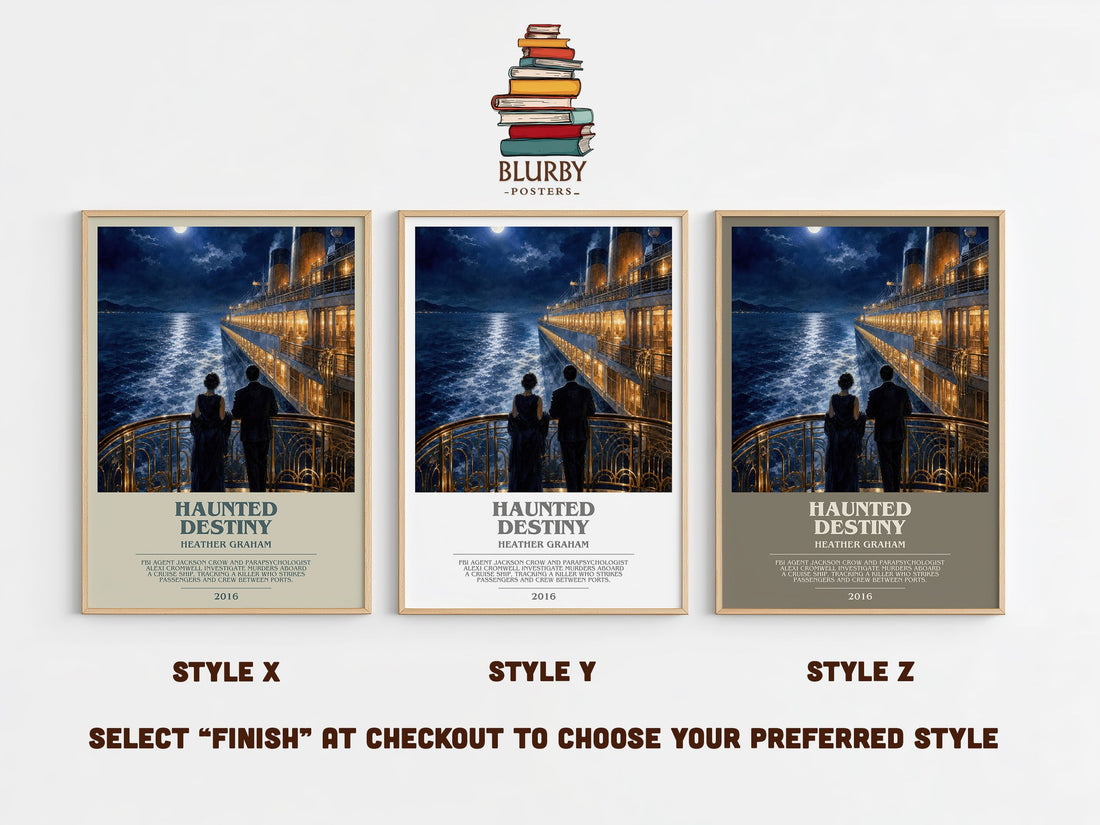 Haunted Destiny bookish print in frame leaning in hallway – thriller wall art (mockup)