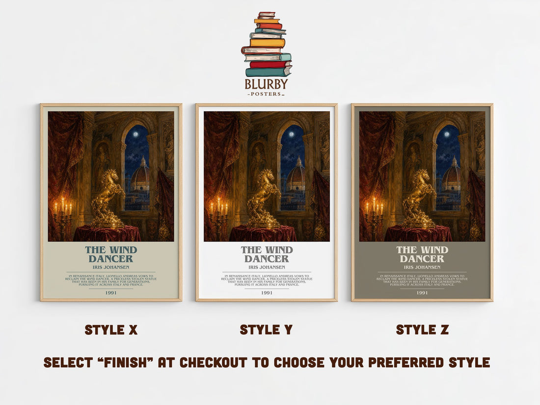 The Wind Dancer bookish print in frame leaning in hallway – romance wall art (mockup)