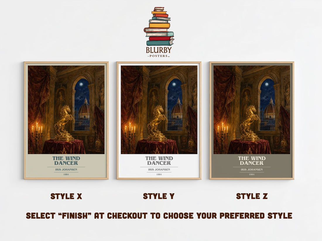 The Wind Dancer book cover print in frame leaning in hallway – romance wall art (mockup)