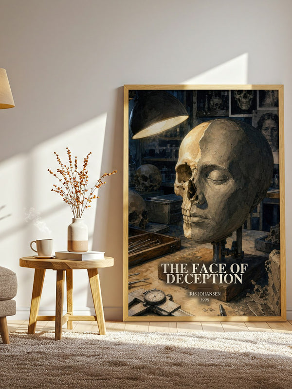 The Face of Deception watercolour print in frame leaning in hallway – thriller wall art