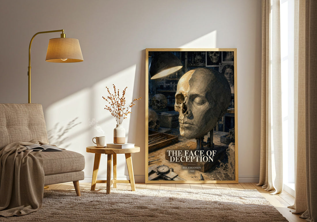 The Face of Deception watercolour print in frame leaning in hallway – thriller wall art (mockup)