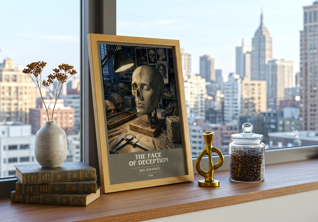 The Face of Deception book cover print framed by window – literary home decor