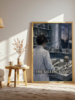 The Killing Game watercolour print in frame leaning in hallway – thriller wall art