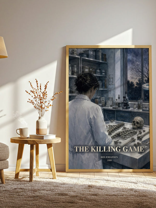 The Killing Game watercolour print in frame leaning in hallway – thriller wall art