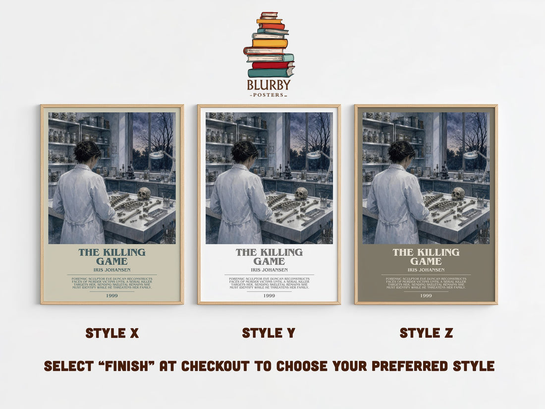 The Killing Game bookish print in frame leaning in hallway – thriller wall art (mockup)