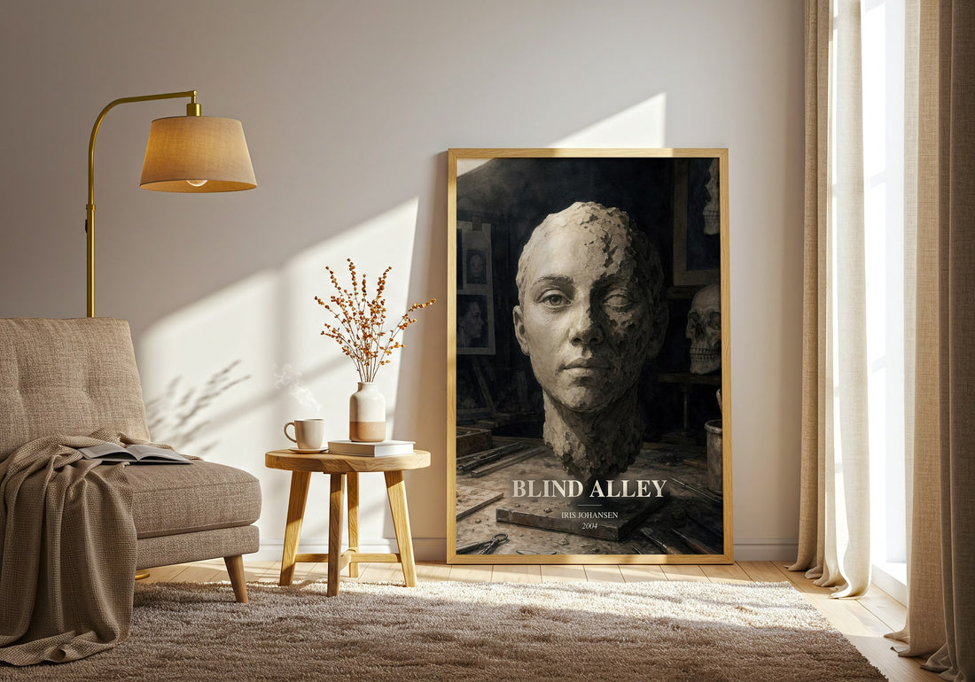 Blind Alley watercolour print in frame leaning in hallway – thriller wall art (mockup)