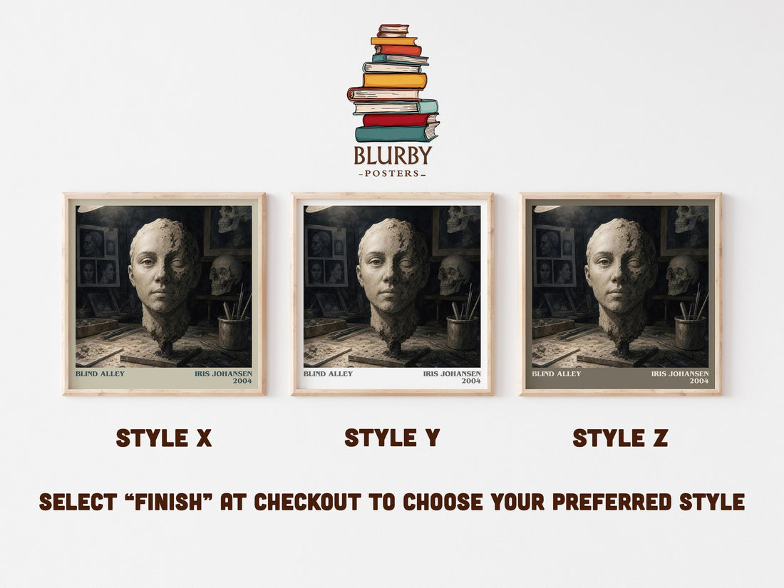 Blind Alley literary print in frame leaning in hallway – thriller wall art (mockup)