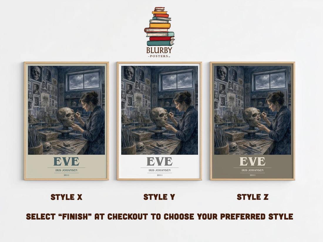 Eve book cover print in frame leaning in hallway – thriller wall art (mockup)