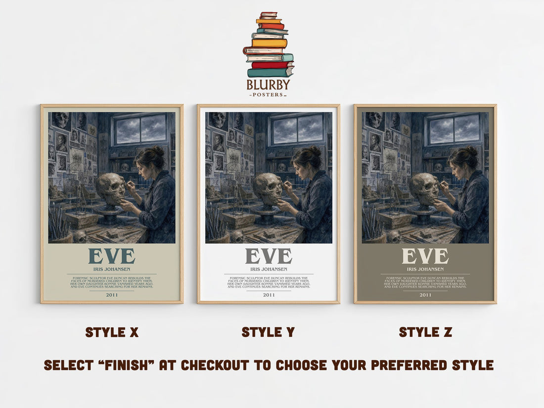 Eve bookish print in frame leaning in hallway – thriller wall art (mockup)