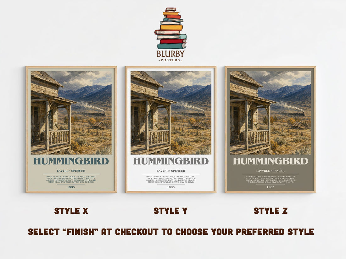 Hummingbird bookish print in frame leaning in hallway – romance wall art (mockup)