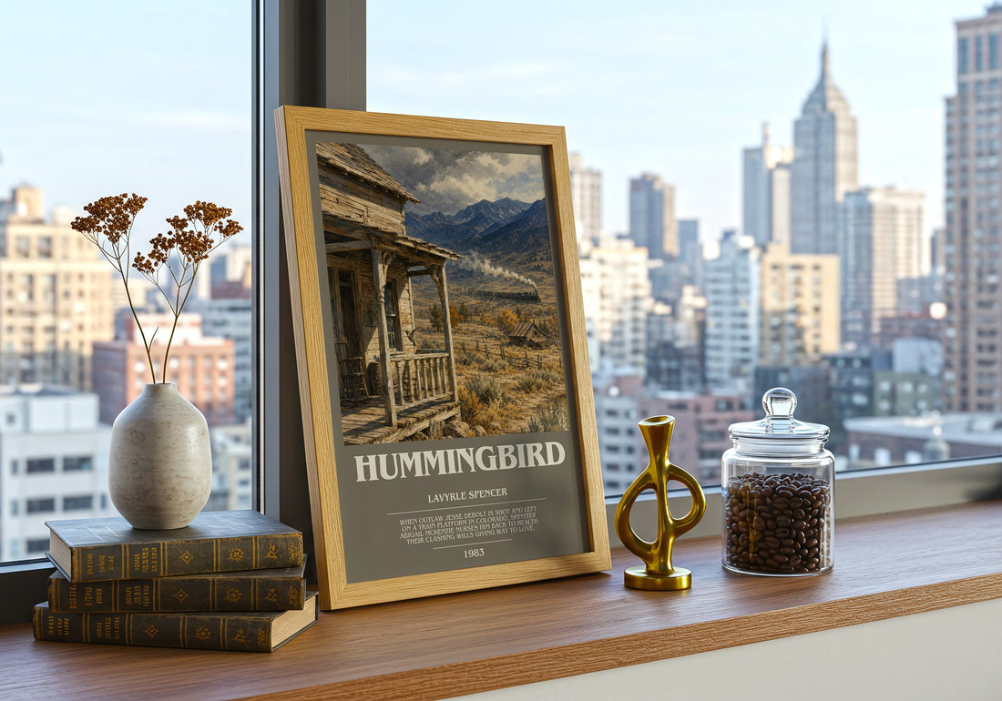 Hummingbird bookish print framed by window – literary home decor