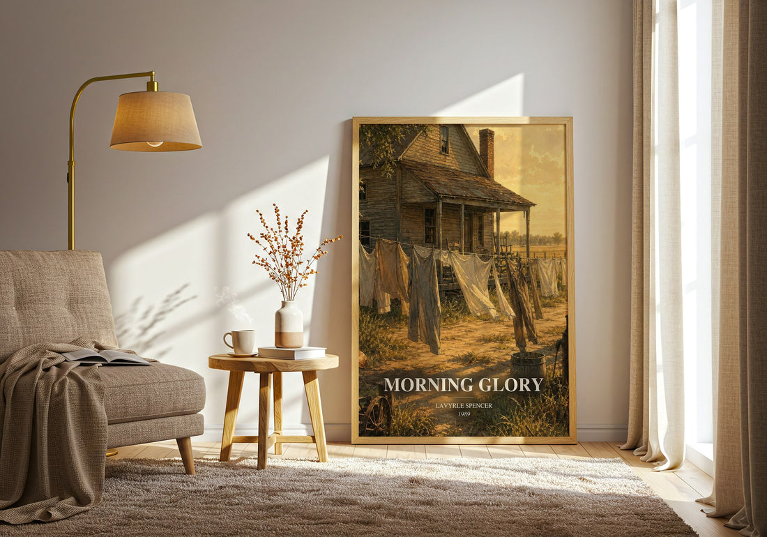 Morning Glory watercolour print in frame leaning in hallway – romance wall art (mockup)