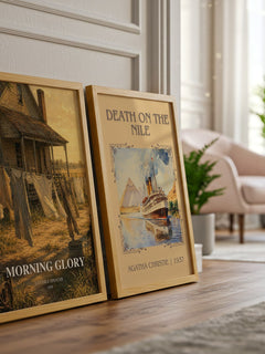 Morning Glory watercolour print framed by window – literary home decor