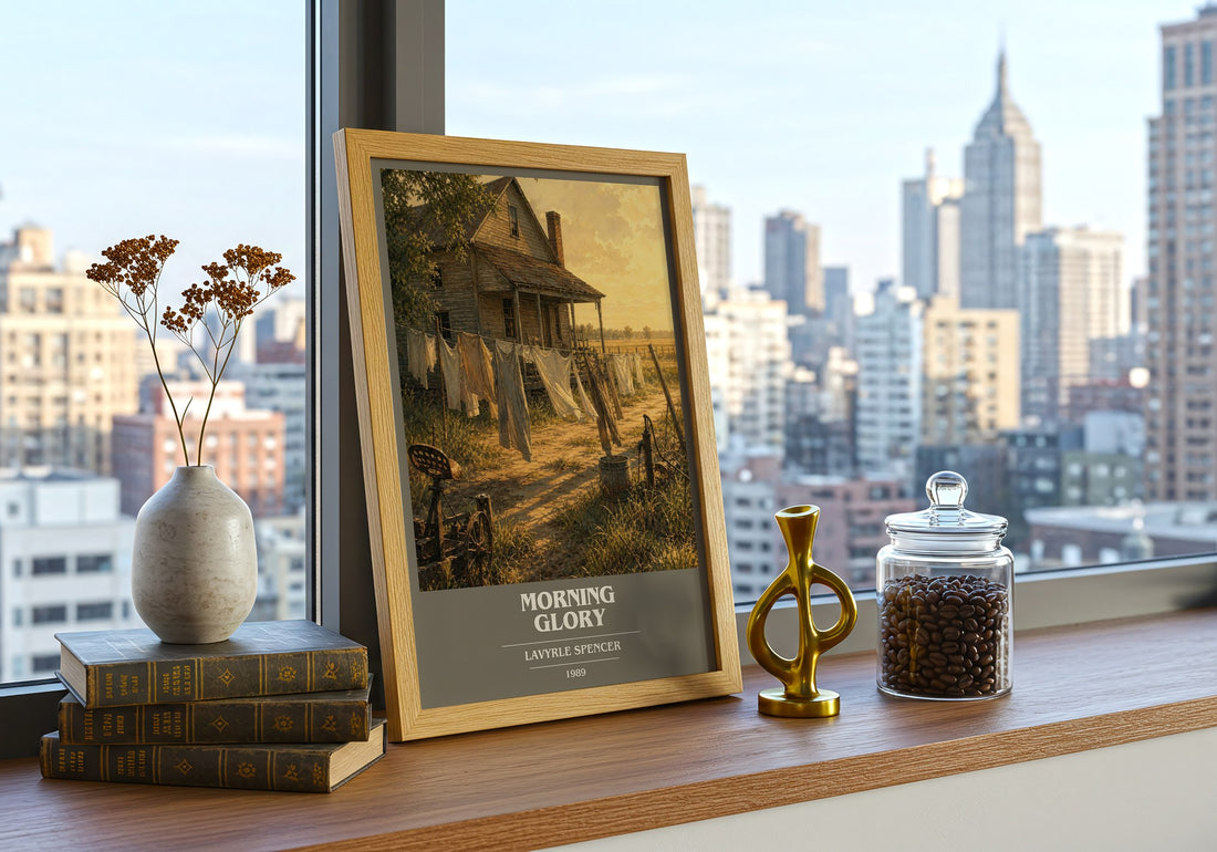 Morning Glory book cover print framed by window – literary home decor